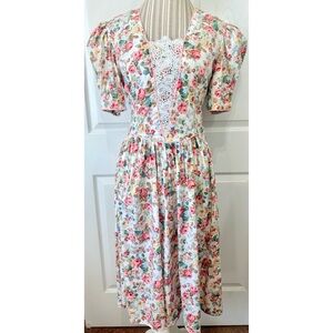 Vintage 80s Romantic Cottagecore Tea Party Dress Puff Sleeves Size 12